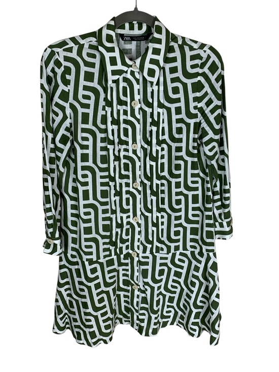 Zara Dresses & Skirts - Women's Zara Green White Geometric Print Linen Blend 3/4 Sleeve Mini Dress Small